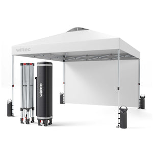 Gazebo pieghevole pop-up bianco, 3 x 3 m con parete laterale e ruote