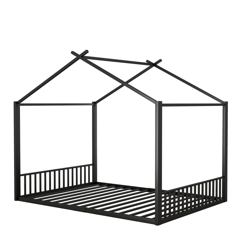 Letto a baldacchino in metallo nero 140x200 cm con struttura a forma di casa