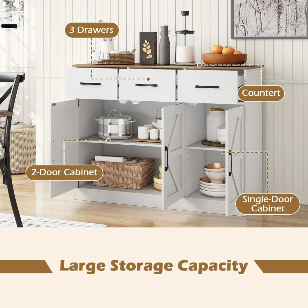 Credenza 3 ante e 3 cassetti, credenza con ripiani interni regolabili, kit antiribaltamento, stile fienile, 108 x 38 x 81 cm, armadio portaoggetti per cucina, sala da pranzo