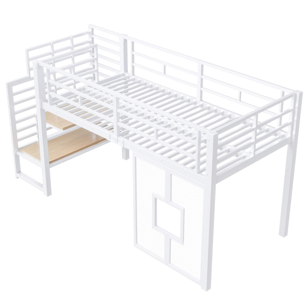 Letto a soppalco 90x200 cm in metallo e MDF con scala LED