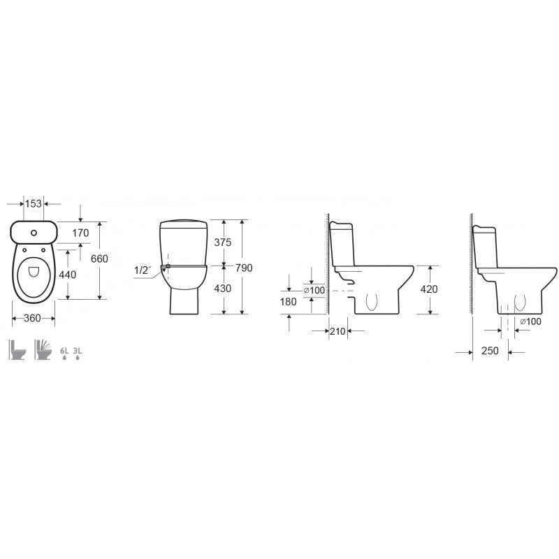 Pacchetto WC da appoggio SQUARE in porcellana con sedile freno a goccia