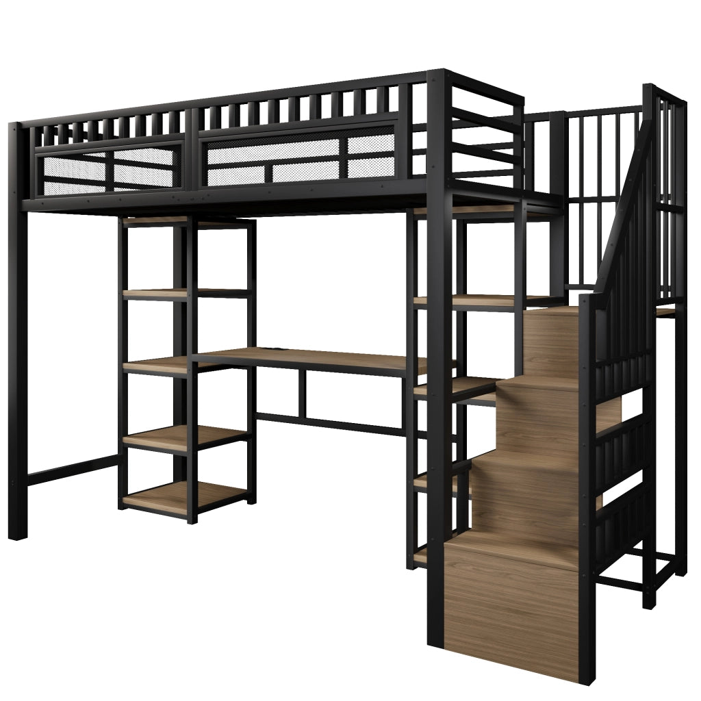 Letto a castello nero 90x200 cm ferro mdf con scrivania scala con contenitore luce led usb