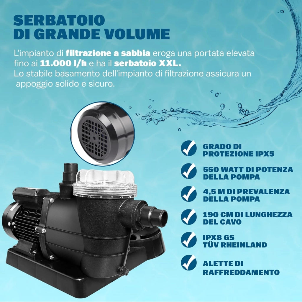 ® Filtro per Piscina a 7 Vie IPX5 con Prefiltro da 13.200L/h a 58.000L 600W Serbatoio 30L Fitrazione a Sabbia Sistema di Filtraggio Prefiltro