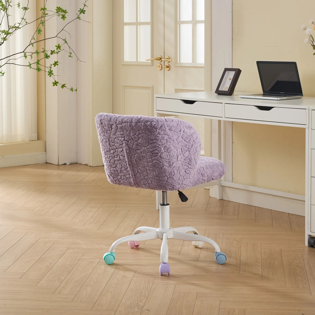 Sedia da ufficio in pelliccia sintetica con altezza regolabile, girevole a 360° e ruote silenziose viola