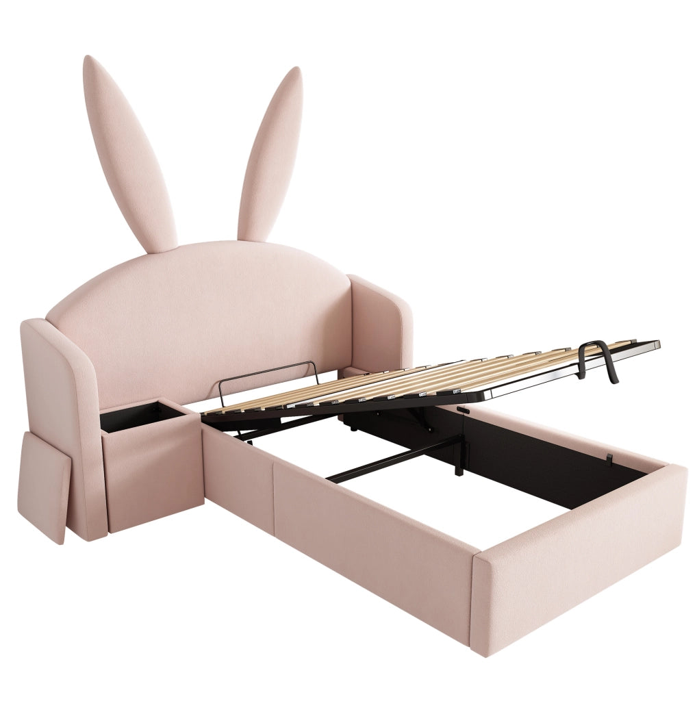 Letto imbottito 90x200 cm con comodino e contenitore in velluto rosa