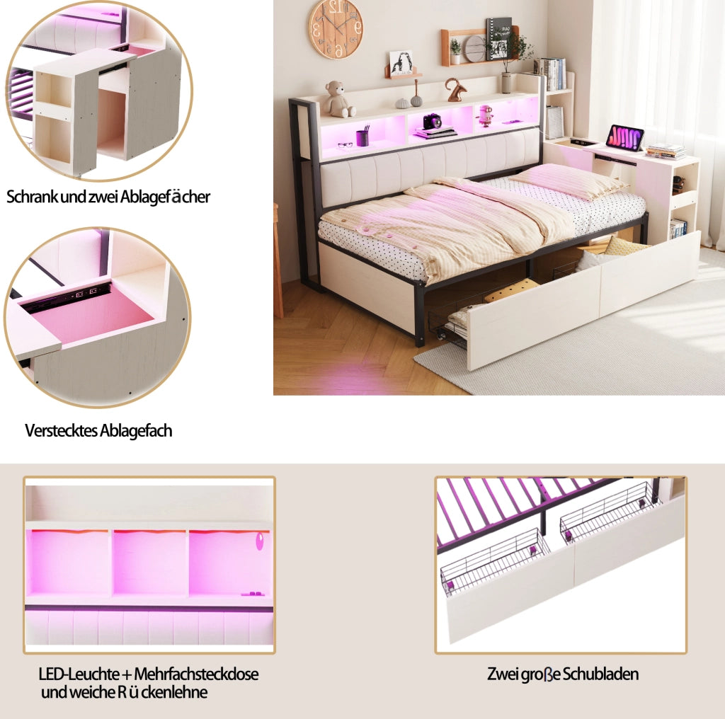Letto multifunzionale 90 x 200 cm con cassetti; scrivania mobile e prese integrate; bianco e legno