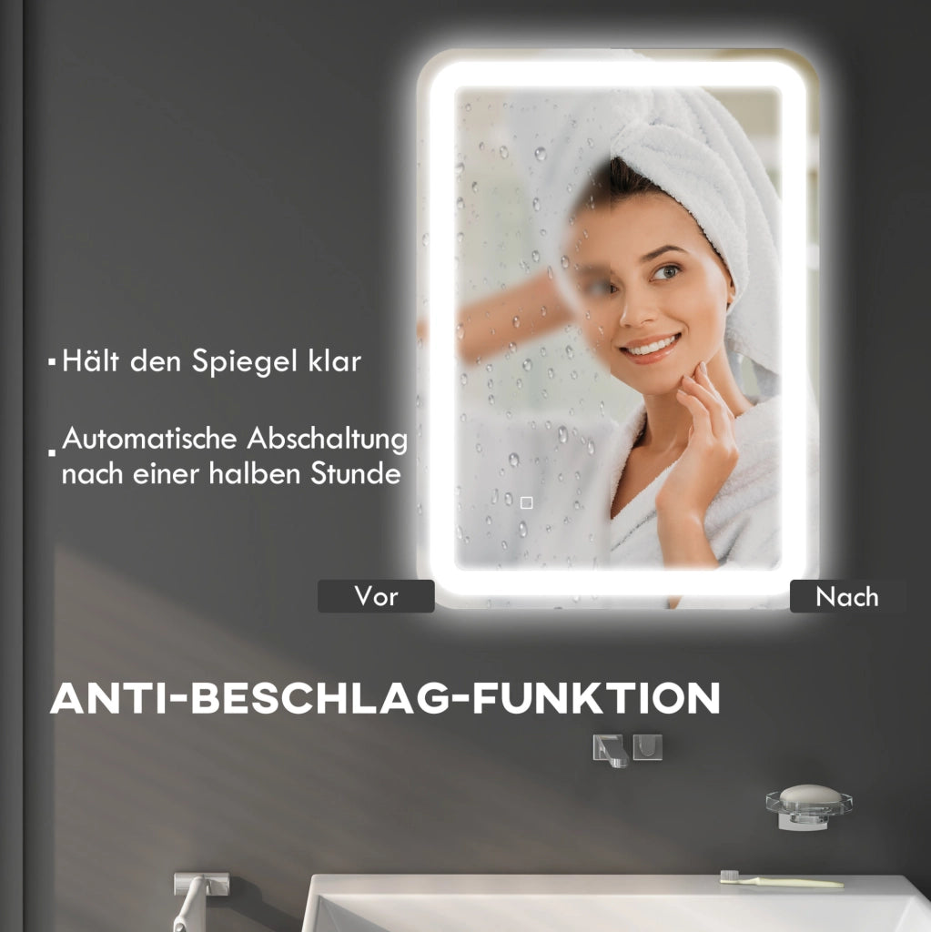 Specchio da bagno LED 50 x 70 cm con comando tattile e antiappannamento