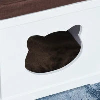 Cuccia Casetta per Gatti in Legno con 2 Cuscini e Tiragraffi Rimovibili, Bianco e Marrone, 41x30x36cm