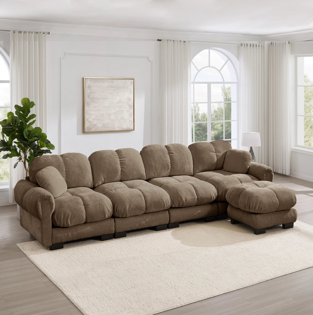 Divano angolare modulare a L 4 posti con pouf mobile 330x149x90 cm in ciniglia marrone