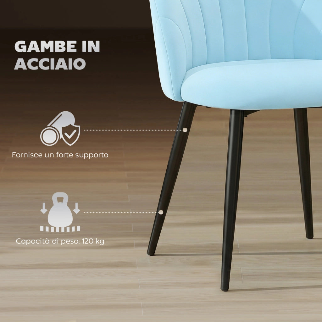 Set 2 Sedie da Pranzo Imbottite con Velluto e Schienale a Conchiglia ¨C zephmum ¨C Azzurro 52x55x79 cm