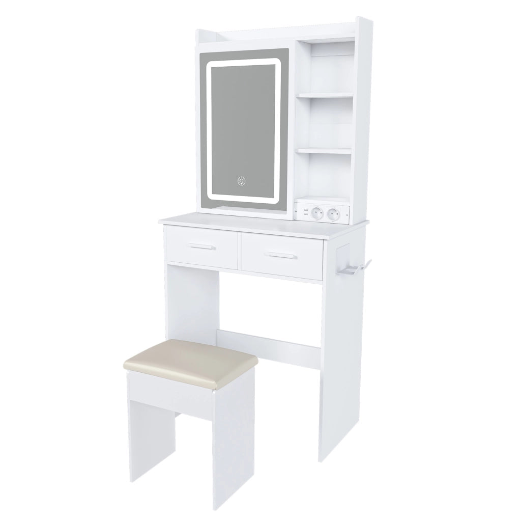 Toeletta bianca compatta 60x36x136 cm con specchio LED regolabile， presa e sgabello