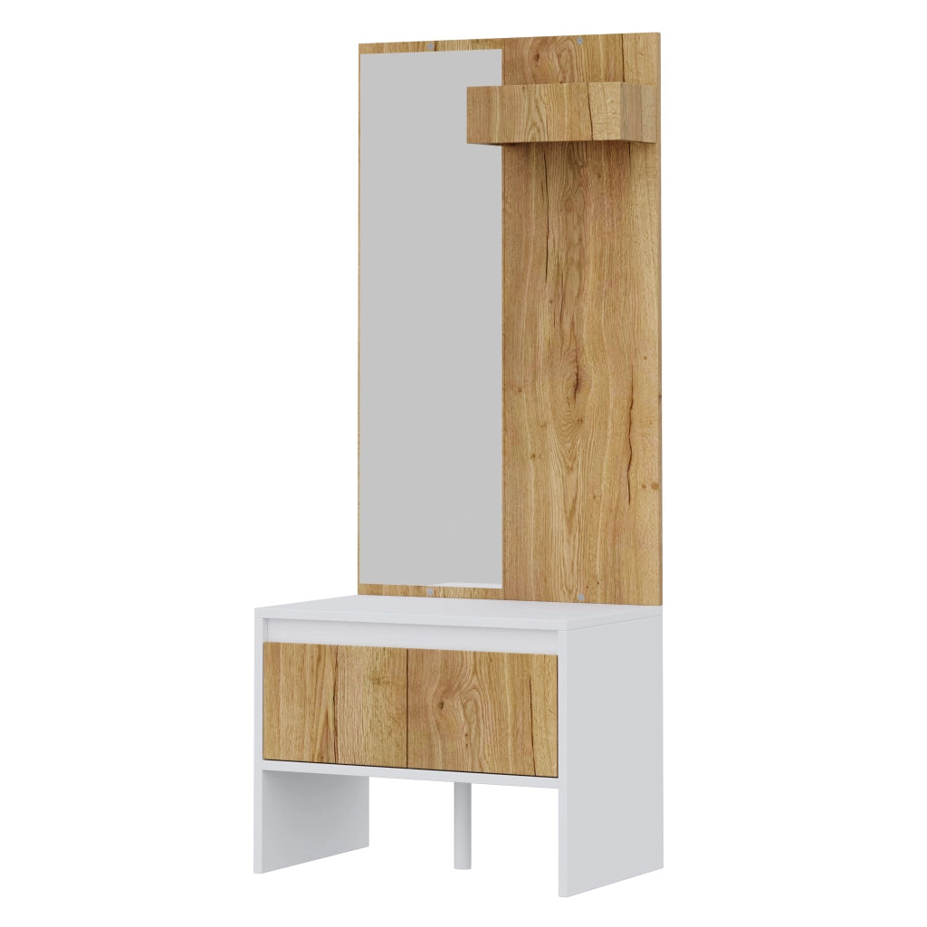 Set ingresso salvaspazio con appendiabiti, ganci, specchio, panca portascarpe e 2 cassetti, bianco e naturale, 60¡Á38¡Á145 cm