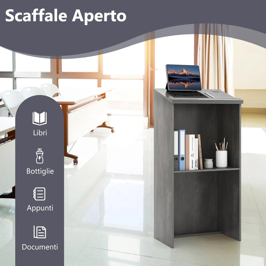 COSTWAY Leggio per Oratori, Podio per Conferenza con Ripiani e Fori per Cavi, Leggio da Pulpito in Legno per Aula, Ufficio, Ristorante e Seminario (Grigio)