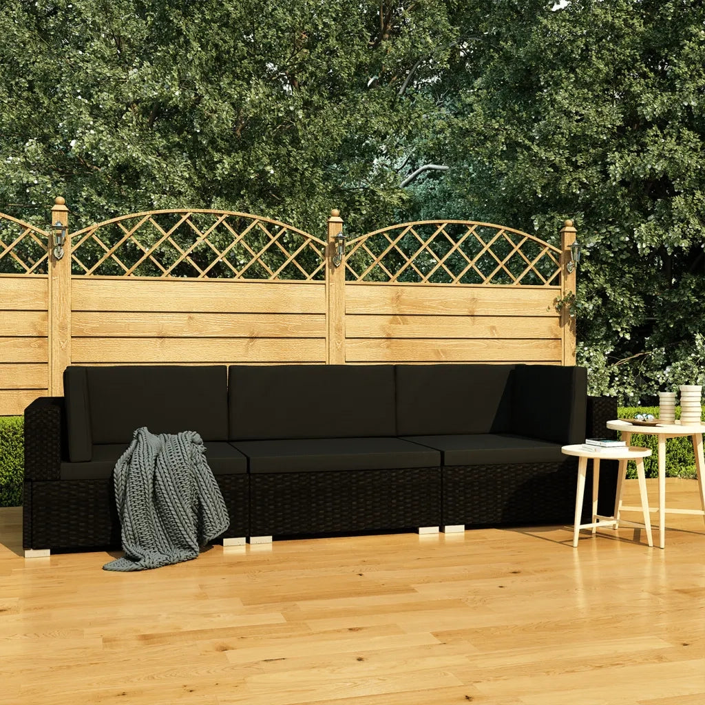 Set Divani da Giardino 3 pz | Set Salotto da Giardino con Cuscini in Polyrattan Nero