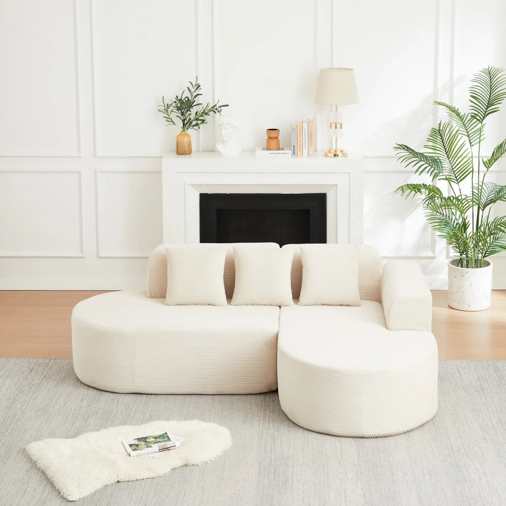 Divano angolare con chaise longue curva; in velluto a coste; beige 220 × 155 × 70 cm