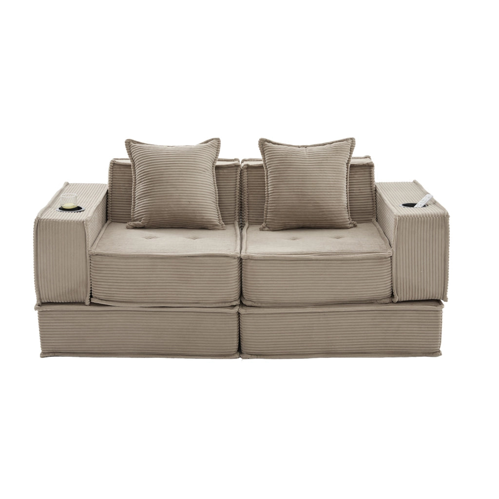 Pouf sofa modulare con tasche laterali e due cuscini in velluto a coste kaki per relax 162 × 78 × 66 cm
