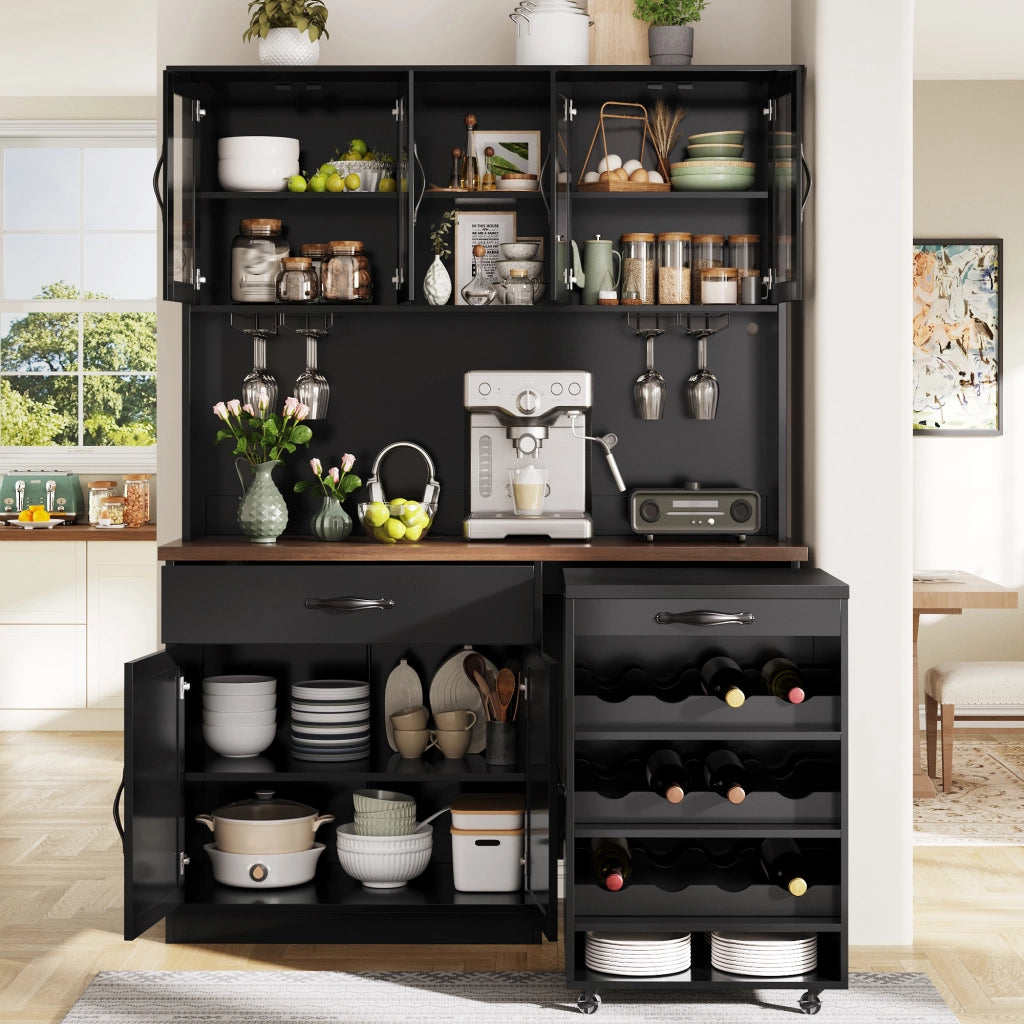 Armadio cucina 140 cm con carrello estraibile, illuminazione LED dimmerabile, 4 ante in vetro, cassetto e portabottiglie, nero