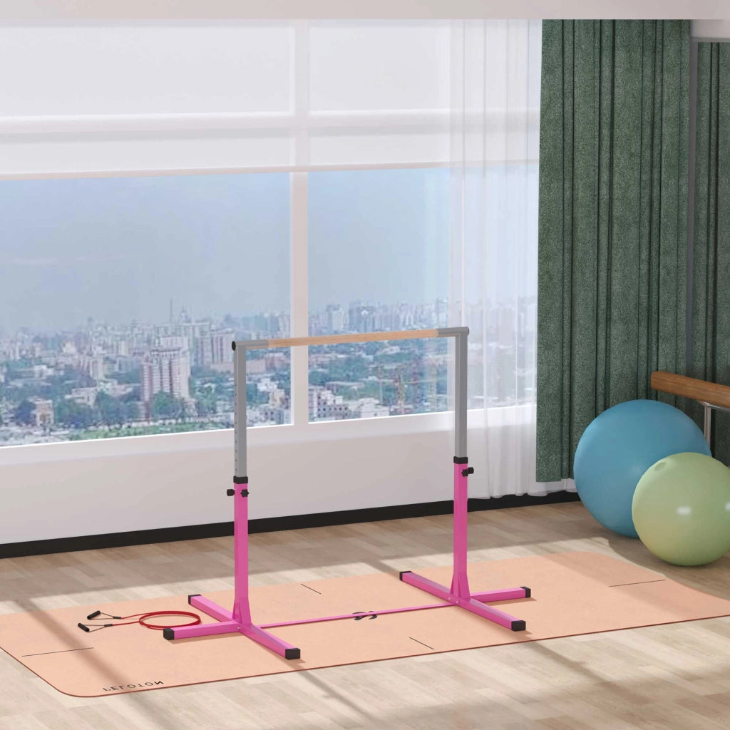 Sbarra orizzontale per ginnastica artistica bambini ¨C Minimal ¨C rosa, acciaio e legno massello di faggio, altezza regolabile 92-150 cm