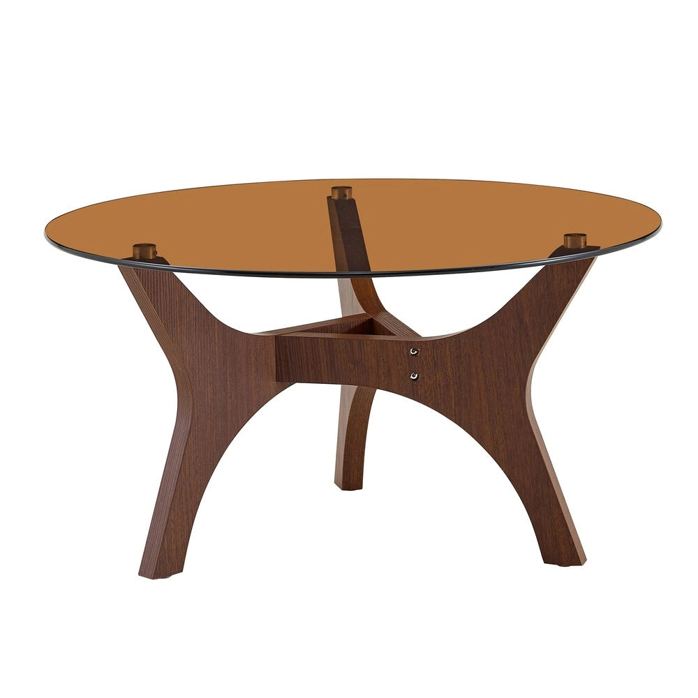 Tavolino da Caff¨¨ Rotondo ¨C MINIMAL ¨C Piano in Vetro Ambra, Struttura in Legno Marrone, 80cm