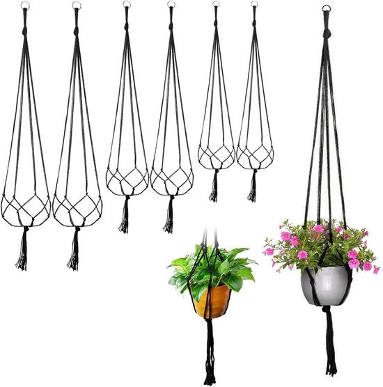 6 pezzi di appoggio fiori - nero - filo di cotone - macramé - appoggio fiori appesi - appoggio fiori per interni ed esterni - appoggio per piante - appoggio per soffitto - decorazione per balcone - decorazione per parete - 3 misure