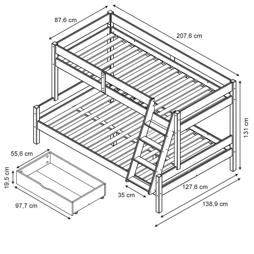 Vitalispa Letto a castello Legno naturale 120x200 / 80x200 cm con 2 materassi e 2 cassetti