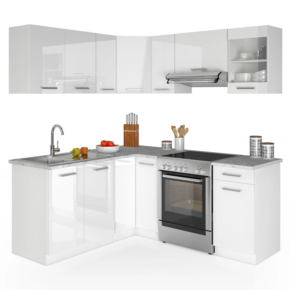 Vicco Cucina angolare completa Bianco/bianco lucido 187 x 167 cm , PL Marmo con striscia LED