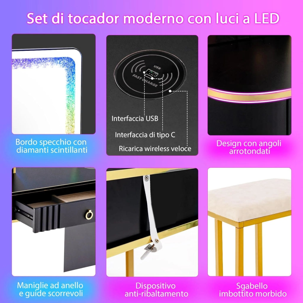 Toeletta da Trucco con Luci, Set Tavolo da Trucco con Sgabello 4 Cassetti, 7 Colori Regolabili di Luce, Porte USB, Telecomando, per Soggiorno Camera da Letto (Nero)