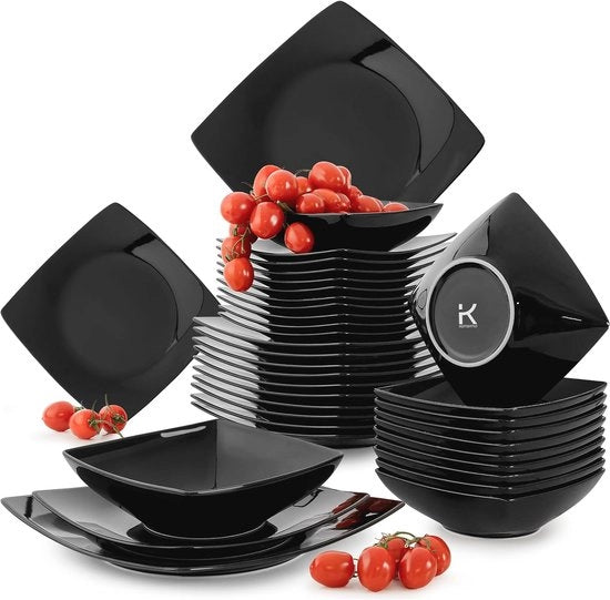 Set di Servizio Moderno per 12 Persone - Piatti e Piattini in Acciaio Inox con Finitura Liscia - Nero - 36 pezzi