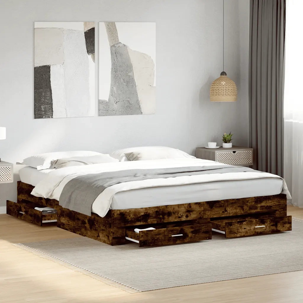 Letto matrimoniale | Letto per adulti | Giroletto con Cassetti Rovere Fumo 180x200 cm Legno Multistrato