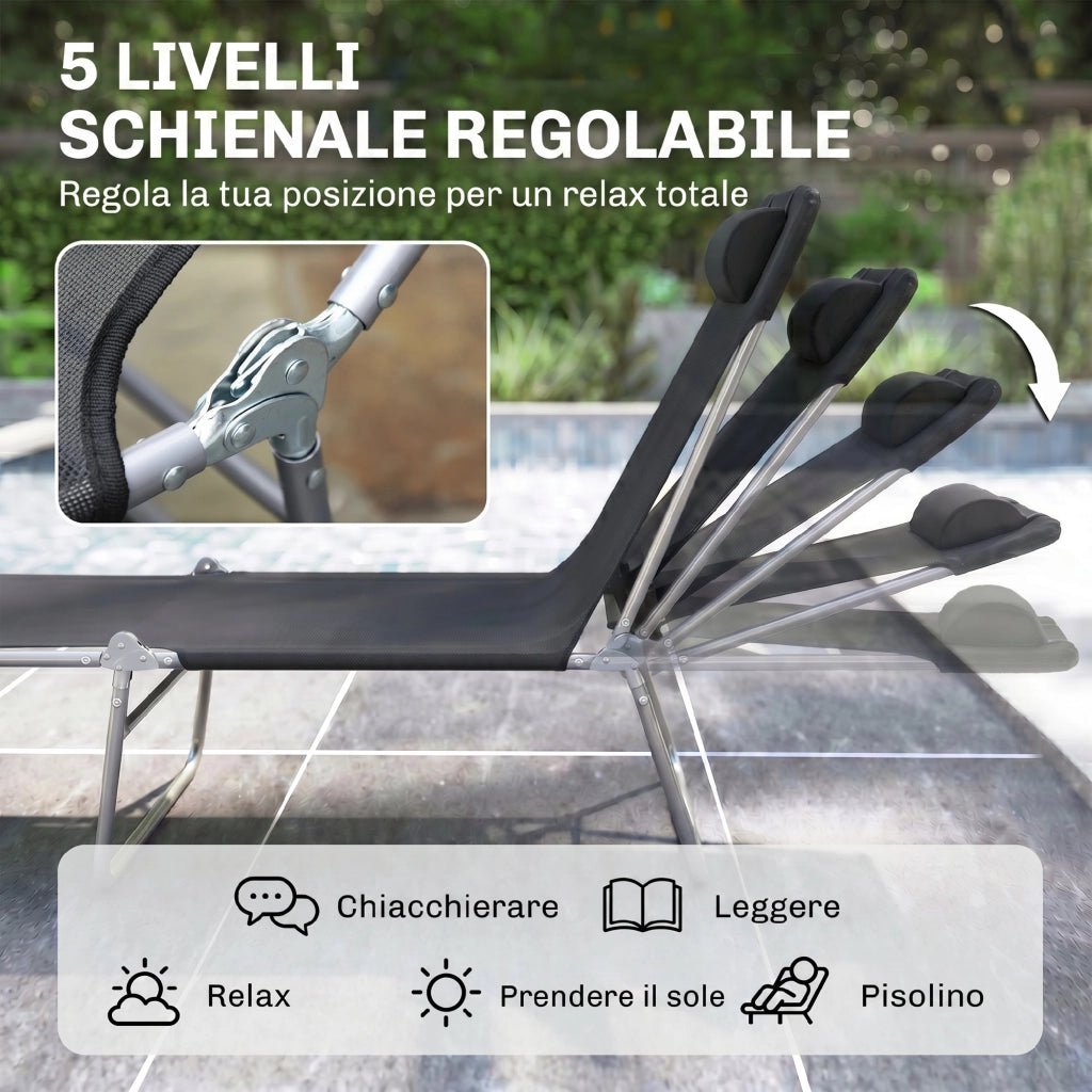 Lettino Prendisole Pieghevole con Schienale Reclinabile e Cuscino, 182x56x24.5cm