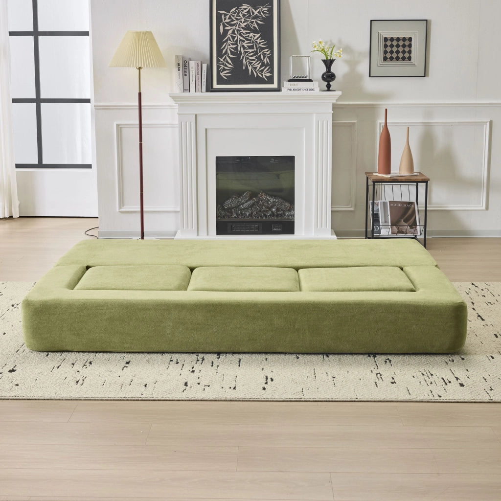 Divano letto modulare multifunzione da pavimento in chenille verde, con schiuma ad alta elasticità, per piccoli spazi