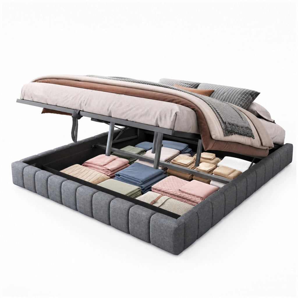 Letto matrimoniale imbottito 180x200 cm con contenitore; LED; effetto sospeso; grigio