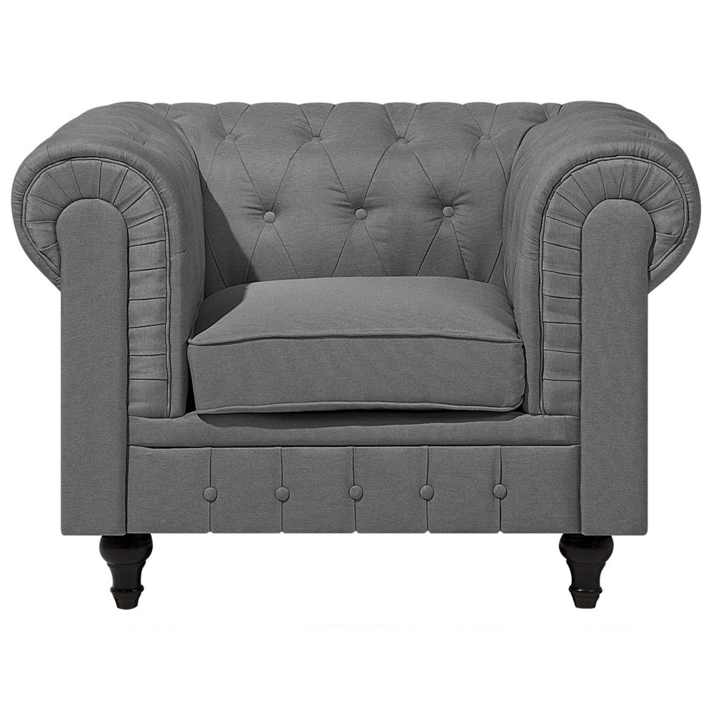 Set soggiorno Chesterfield in tessuto grigio chiaro gambe in legno scuro divano a 3 posti + poltrona contemporanea