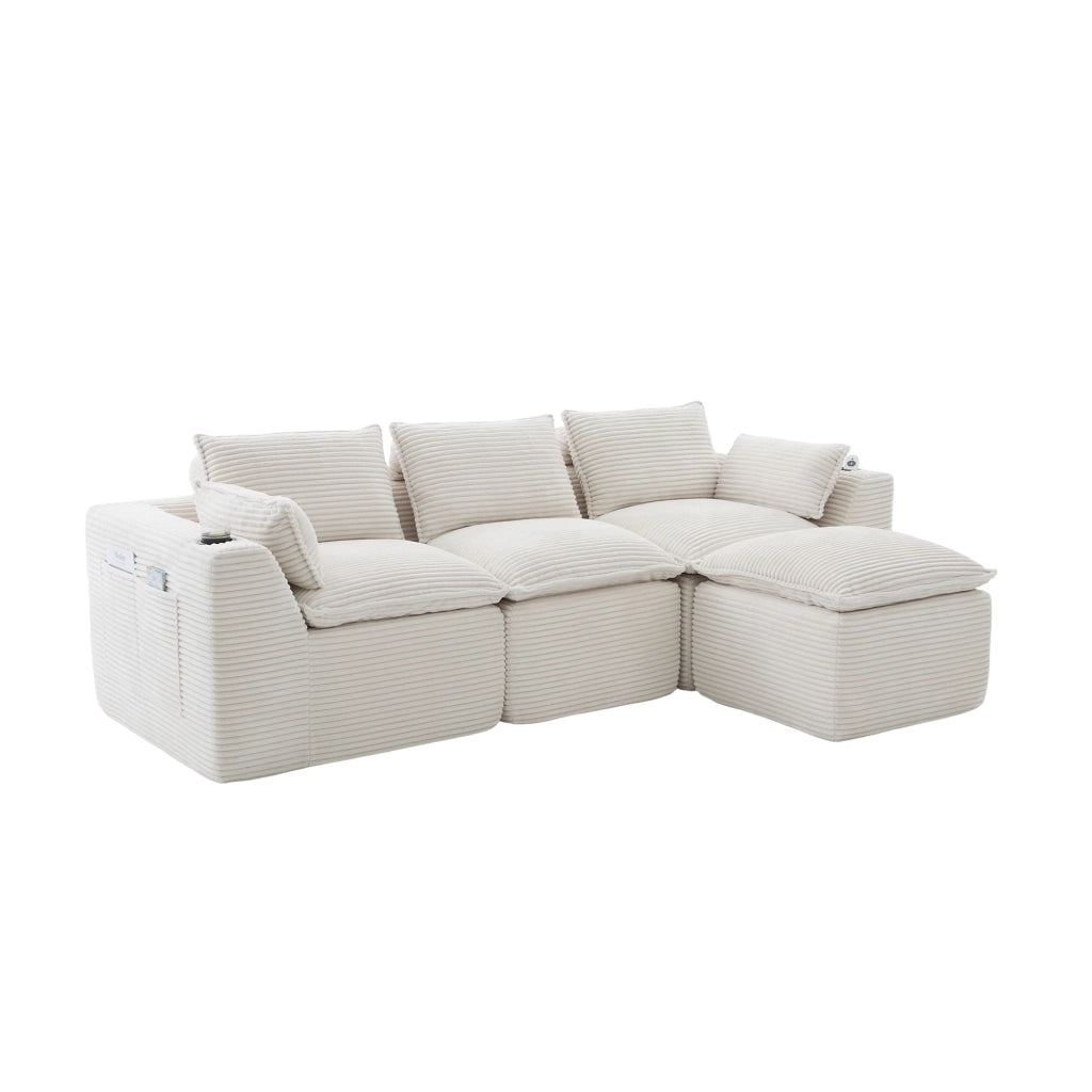 Divano modulare 3 posti - con cuscini e tasche laterali - in corduroy beige