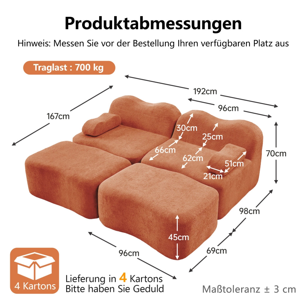 Divano modulare angolare in velluto arancione 192x167x70 cm con pouf componibili