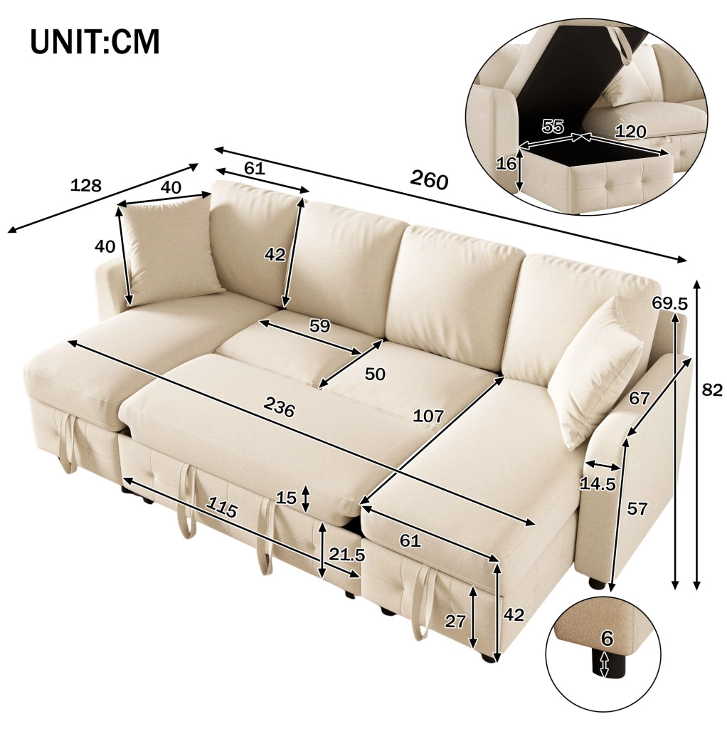 Divano letto angolare a U in chenille beige con contenitore, USB e Type-C
