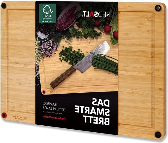 Pannello di taglio in bambù grande 42 x 30 x 25 cm - utilizzabile su entrambi i lati - antiscivolo - antibatterico - fessura per la linfa - piastra per cucina per griglia - regalo sostenibile