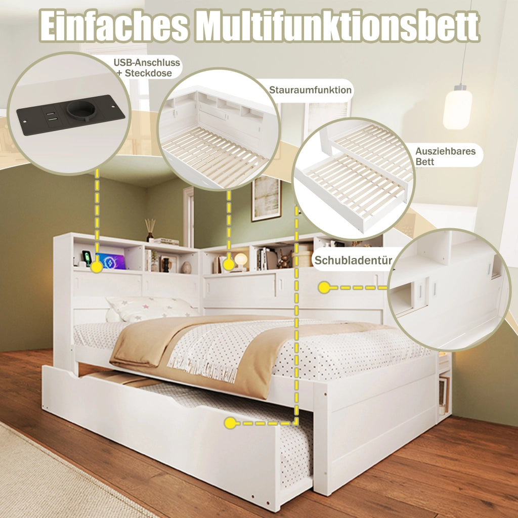Letto singolo 90 × 200 cm con letto estraibile, contenitore con USB, senza materasso, bianco