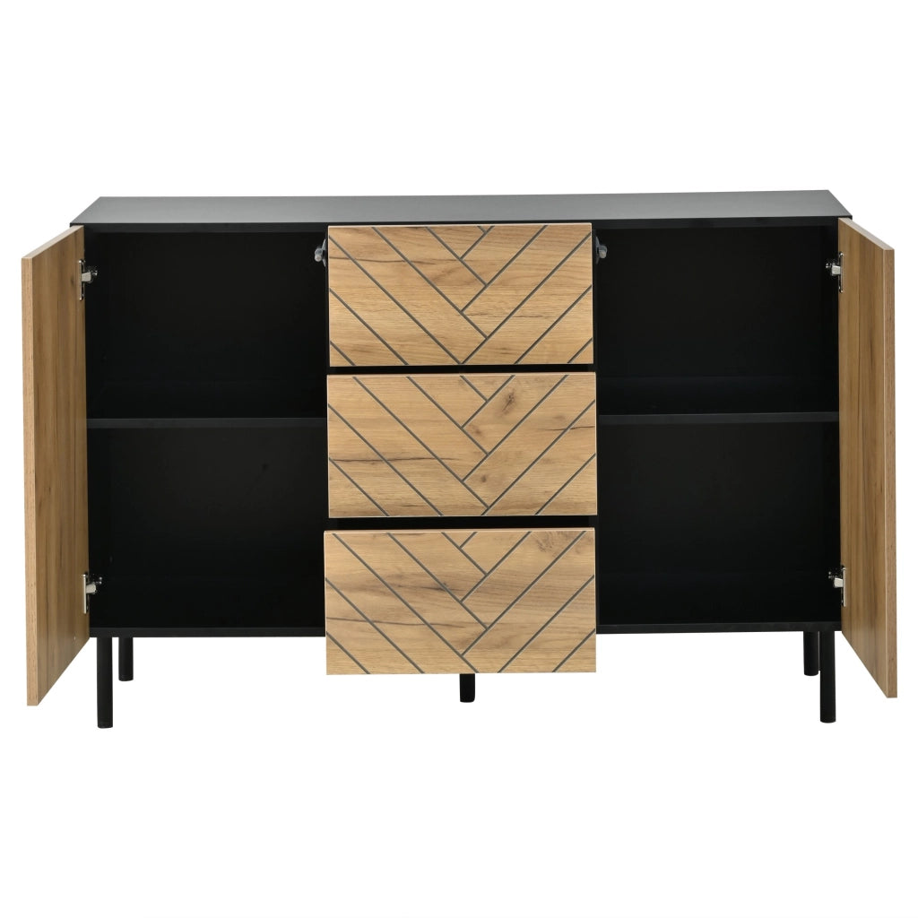 Credenza, 120 x 40 x 76 cm, in truciolato, 3 cassetti, finitura effetto legno, color legno naturale e nero