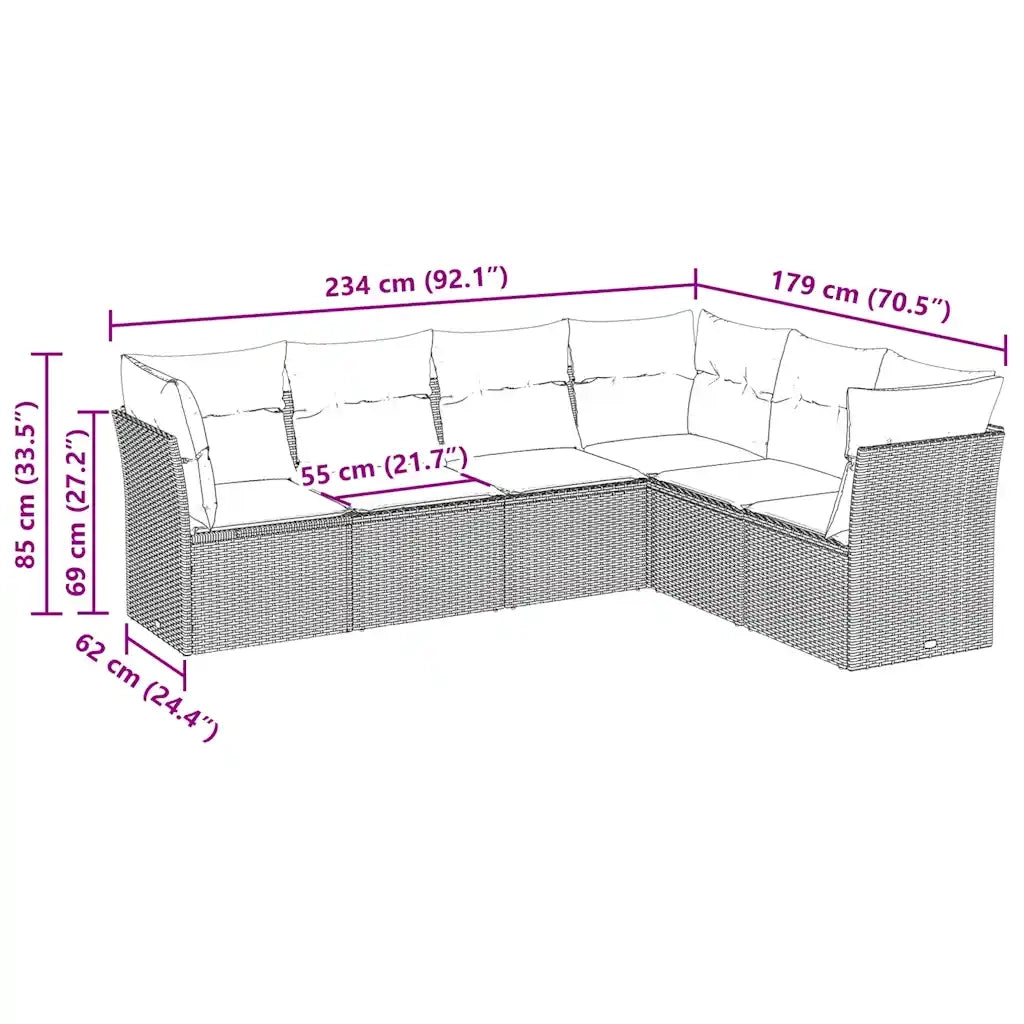 Set Divano da Giardino 6pz | Set Salotto da Giardino con Cuscini Grigio Chiaro Polyrattan