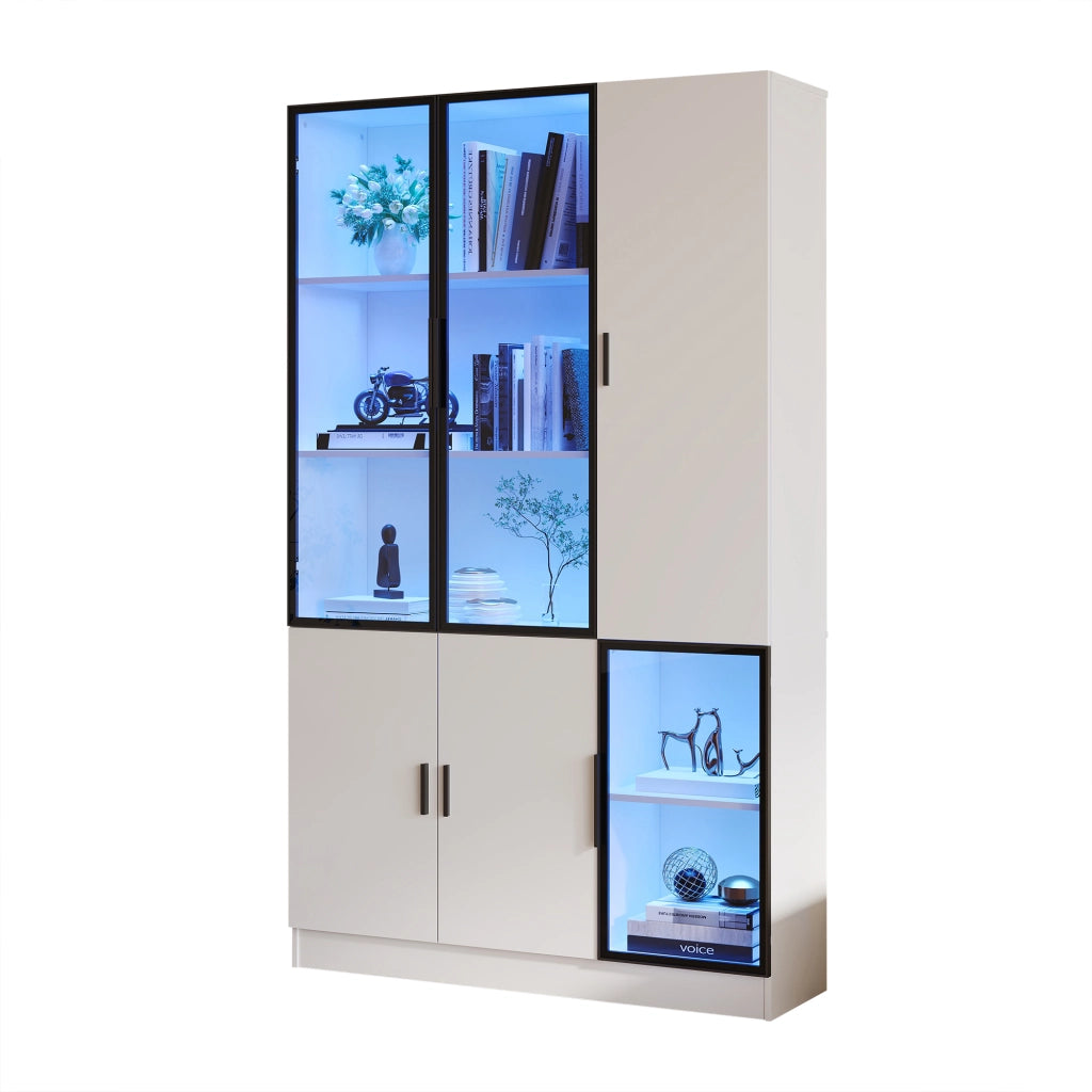 Vetrina con 3 ante in vetro e LED, 10 vani contenitore, per soggiorno e studio, bianco, 120 × 35 × 200 cm