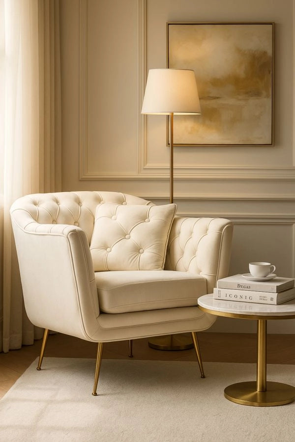 Poltrona Budapest Crema con Cuscino 88x83x91 cm in Compensato e Spugna e Ferro e Poliestere Crema