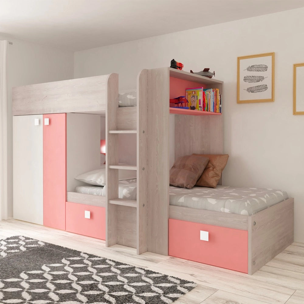 Letto a castello bianco consumato e rosa flamingo con armadio e cassetti 1267