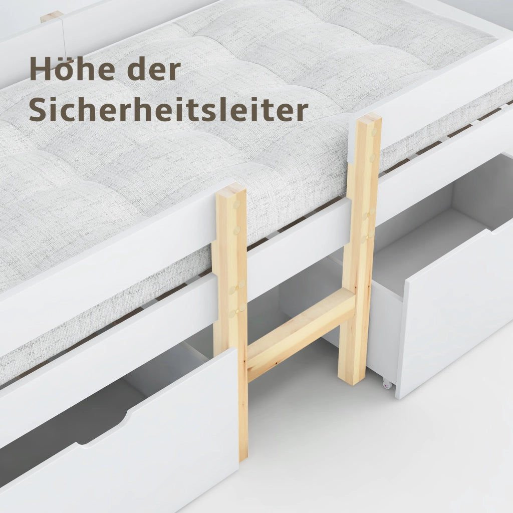 Letto bambino con cassetto e protezione anticasco in legno massello di pino bianco e rovere 90x190 cm
