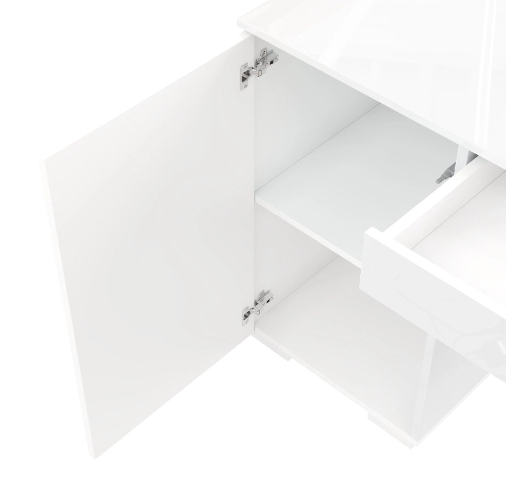 Scrivania moderna 140x50 cm in bianco lucido con LED; 1 cassetto e 2 ante