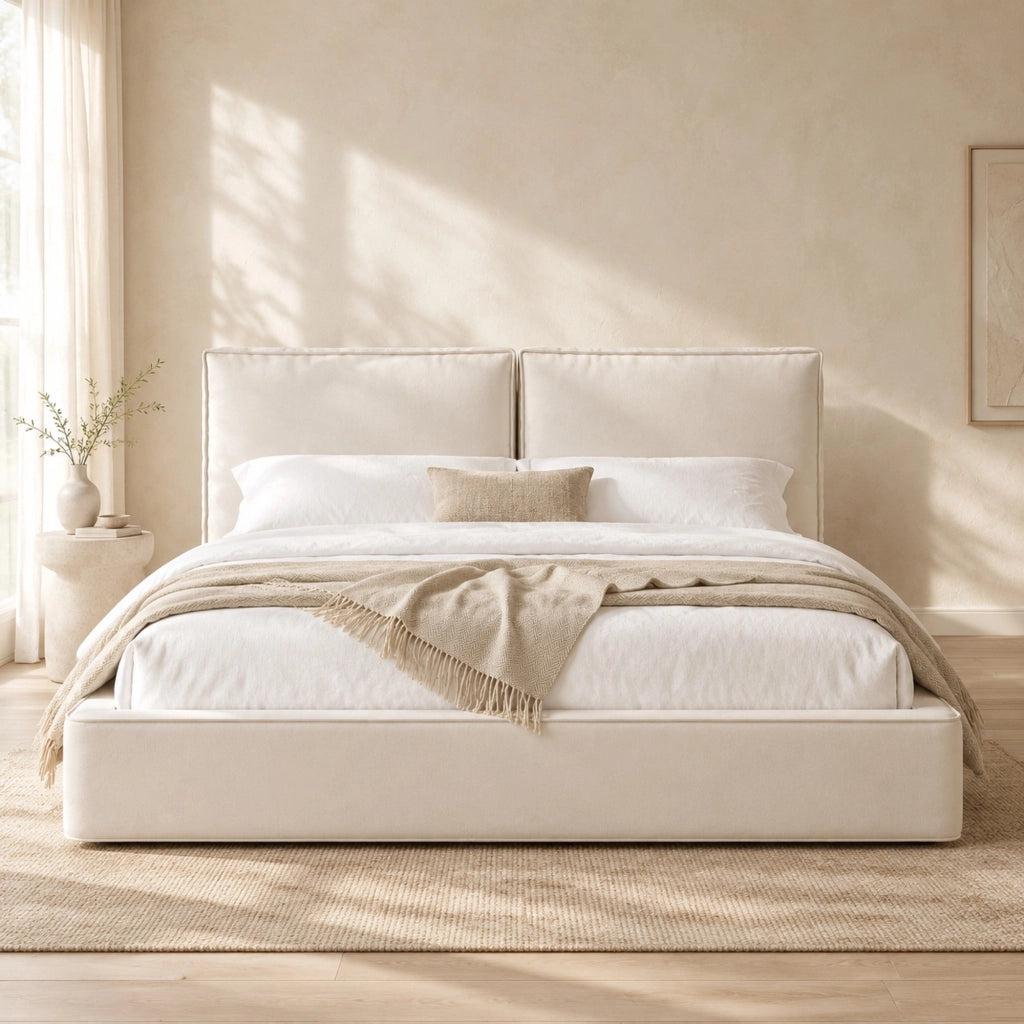 Letto 180 × 200 cm con rete a doghe e testiera imbottita in ciniglia beige
