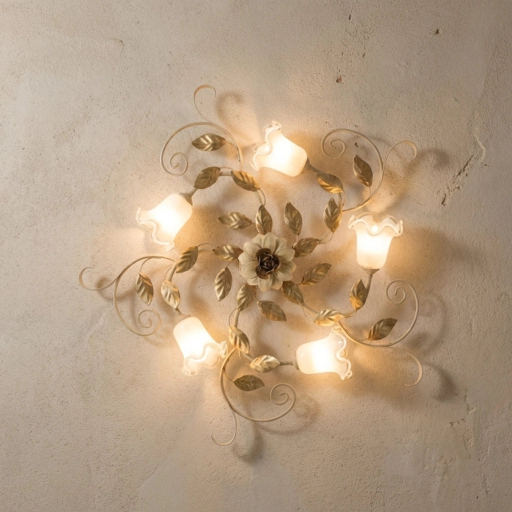 Plafoniera Arte Povera Cesto Metallo Avorio E Oro 5 Luci E14