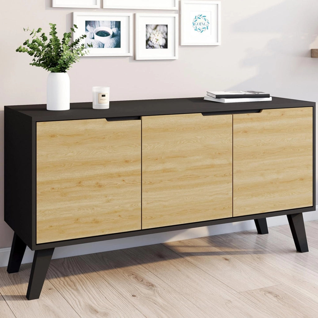 Credenza bassa scandinava 113 cm FINN nero 3 ante effetto faggio