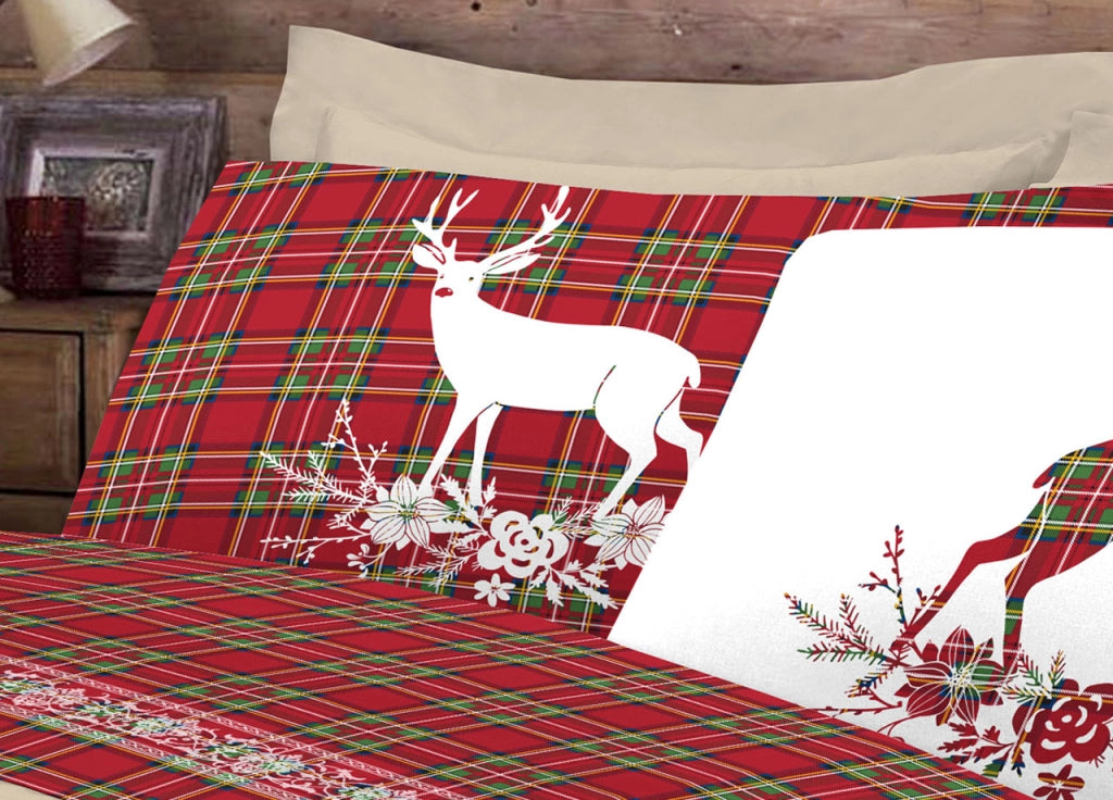 Copripiumino Sacco Piumone Pensieri Delicati 100% Cotone Dis. Cervo Tartan - Singolo - Rosso