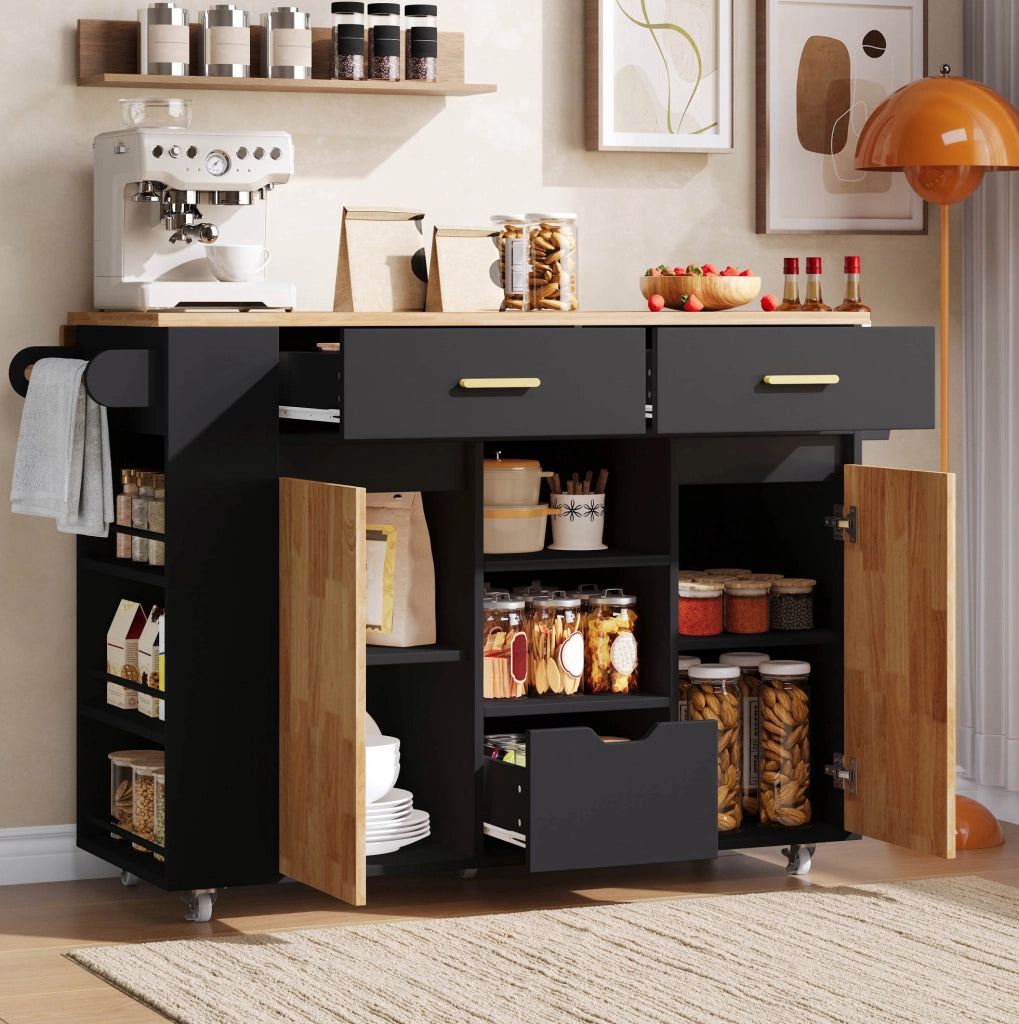 Isola cucina con piano ribaltabile 120x45(71)x90 cm in MDF nero e effetto legno
